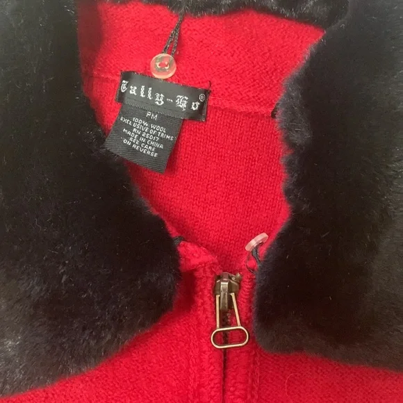 Vintage Tally Ho Vest PM Sleeveless Y2K Wool Red Black Faux Fur Collar Zip Up - Picture 3 of 6